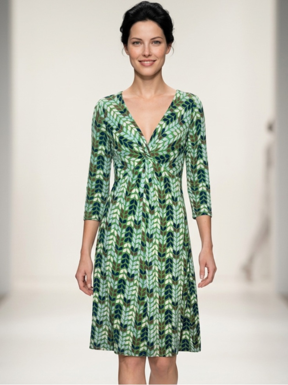BODEN Dress Jersey Knit Knot Twist Tie Green Geometric 3/4 Sleeves Midi Empire